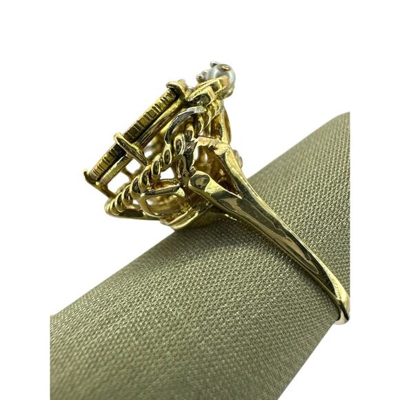 14K Yellow Gold Ring with Dos Peso Gold Coin, .12cttw Diamond & Pearls (7594) - Picture 4 of 8